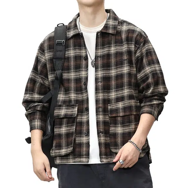 【dme】 美式复古纯棉休闲宽松百搭格子长袖衬衫 男款