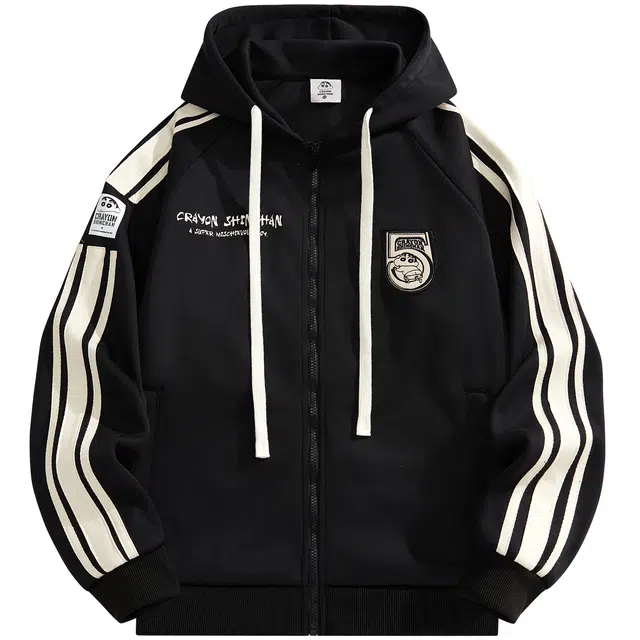 蜡笔小新 插肩袖边条纹小新徽标字母印花宽松休闲连帽开衫卫衣 男女同款