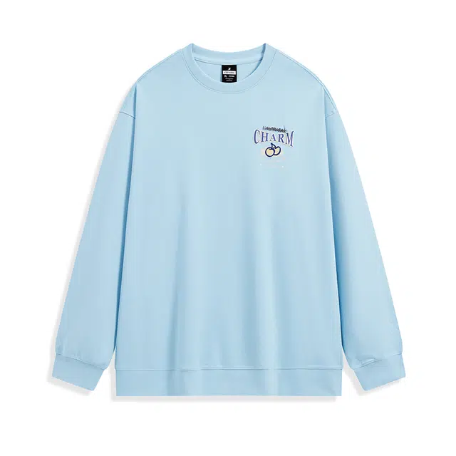 特步 新春系列 字母印花圆领套头长袖卫衣 男女同款 碧空蓝