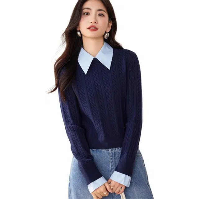 莫代尔 复古学院风绞花衬衫领针织衫 女款 藏青色