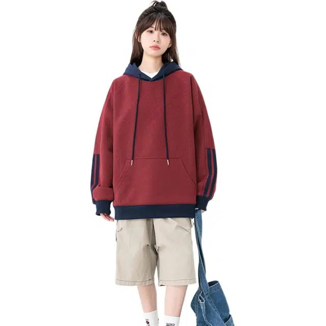 双星八特 美式复古条纹连帽插肩宽松休闲百搭卫衣 男女同款