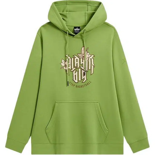 特步 篮球系列 保暖透气连帽套头长袖卫衣 男款 软玉绿