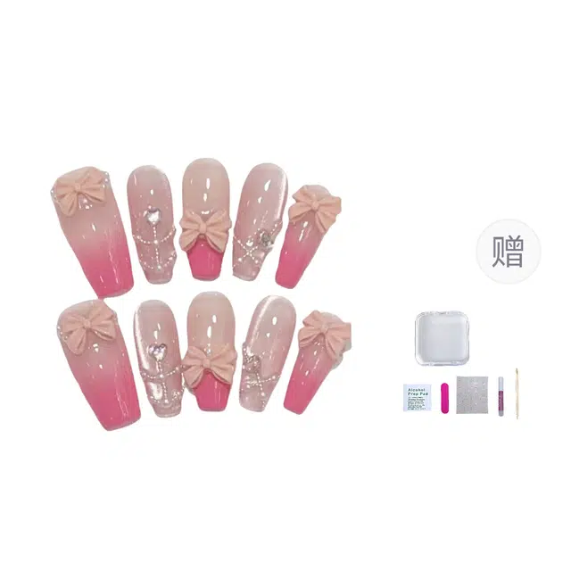 几多萌 蝴蝶结多巴胺  穿戴甲 梯型长款粉色渐变 纯欲