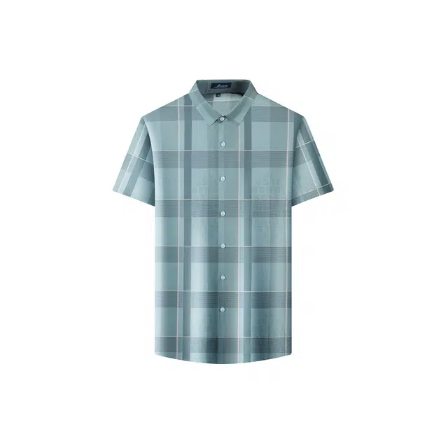 富铤 无痕质感凉爽透气格纹翻领短袖衬衫 男款