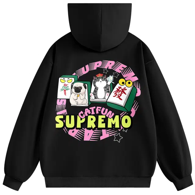 吾皇猫 美式复古学院风国潮简约百搭卡通动漫印花连帽套头休闲时尚长袖卫衣 男女同款
