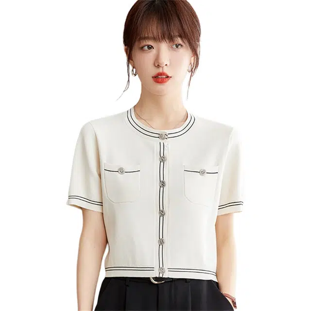 莫代尔 小香风温柔气质冰丝开衫短袖薄外套针织衫 女款 杏色