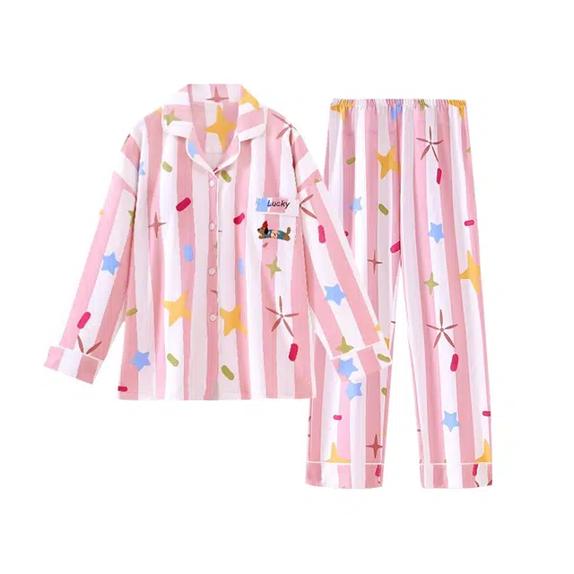 俏韵 薄款翻领长袖舒适休闲亲肤家居服可外穿睡衣套装 女款 粉色