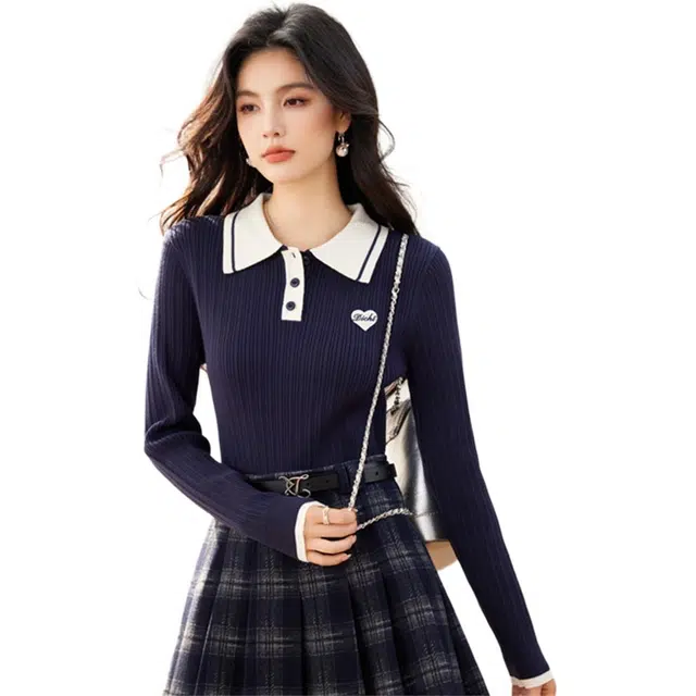 莫代尔 韩版时尚学院风通勤百搭修身显瘦毛织上衣针织衫 女款 藏蓝色