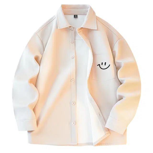 棉致 弯嘴笑脸简约纯色细斜纹肌理手感挺阔内里复合摇粒绒加绒加厚长袖衬衫 男女同款