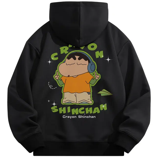 蜡笔小新 趣味听歌小新卡通纸飞机字母印花休闲宽松套头连帽卫衣 男女同款