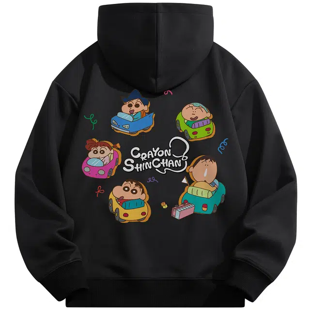 蜡笔小新 趣味小新汽车春日部防卫队字母印花休闲宽松套头连帽卫衣 男女同款