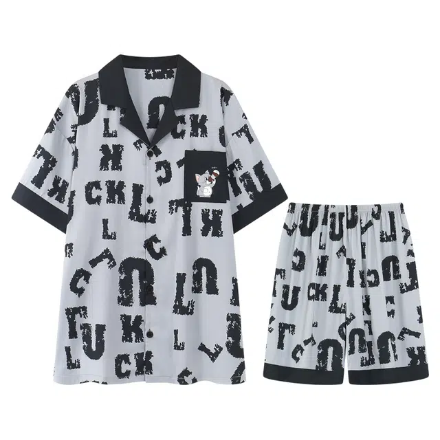 向薇 高级感可外穿韩版休闲家居服开衫短袖薄款凉爽睡衣套装 男款 图片色