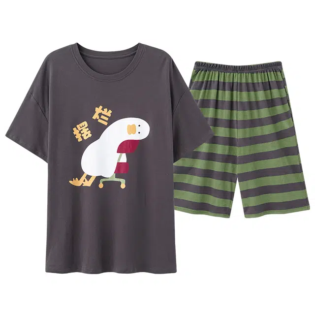 俏霓桐 时尚可爱卡通休闲简约条纹舒适家居服可外穿夏季睡衣套装 男款 图色