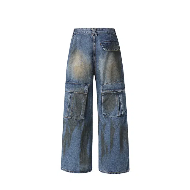 大白鲨 复古小众多口袋脏染牛仔裤 男款 蓝色