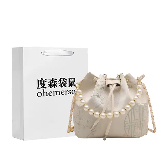 度森袋鼠 时尚百搭新中式国风珍珠刺绣水桶包 丝绸 斜挎单肩包 常规 女款 多色