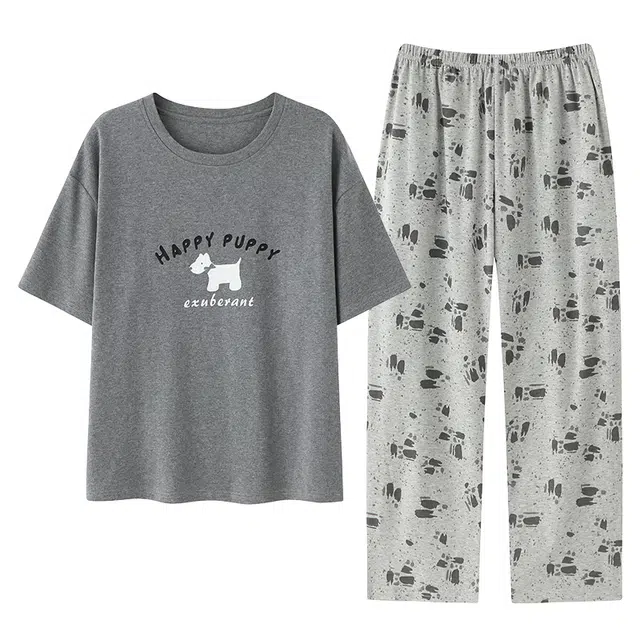 欧诗帛 纯棉短袖薄款可外穿带胸垫大码家居服睡衣套装 女款 图片色