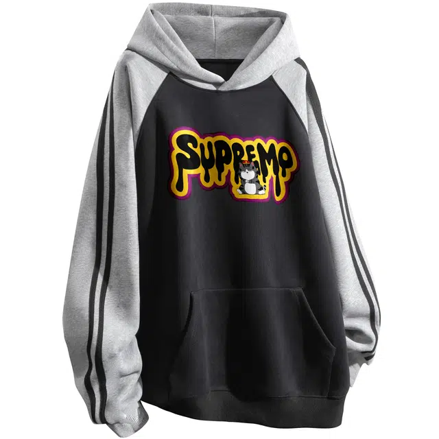 吾皇猫 学院风美式复古卡通动漫基础款简约百搭英文字母印花连帽宽松休闲长袖卫衣 男女同款