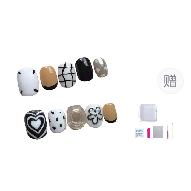 几多萌 可爱简画捏捏胶立体爱心小花  穿戴甲 短梯黑白纯色 卡通