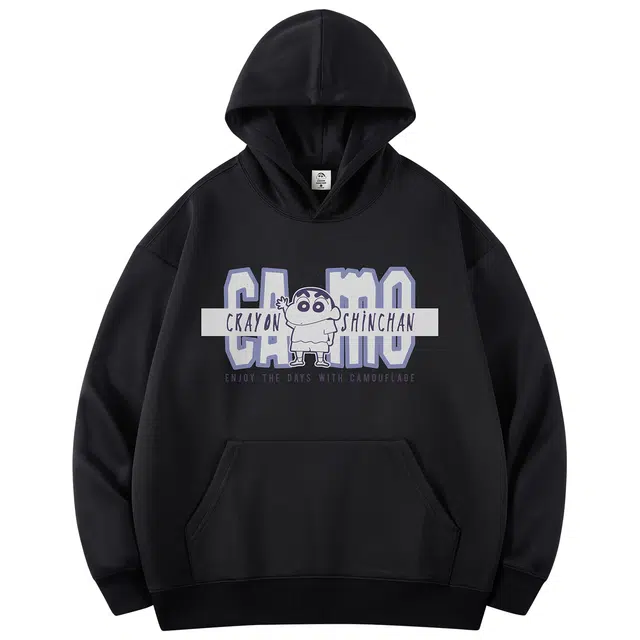 蜡笔小新 卡通趣味招手小新字母印花休闲宽松套头连帽卫衣 男女同款
