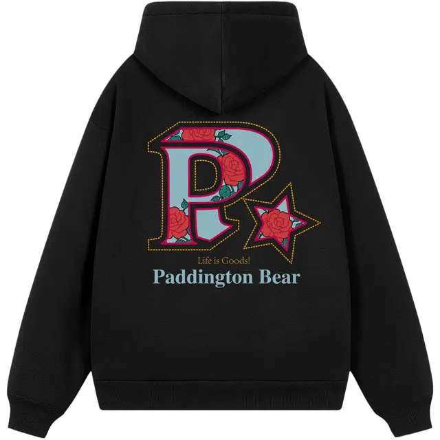 帕丁顿熊 新国风玫瑰花星星字母印花休闲宽松重磅连帽卫衣 男女同款