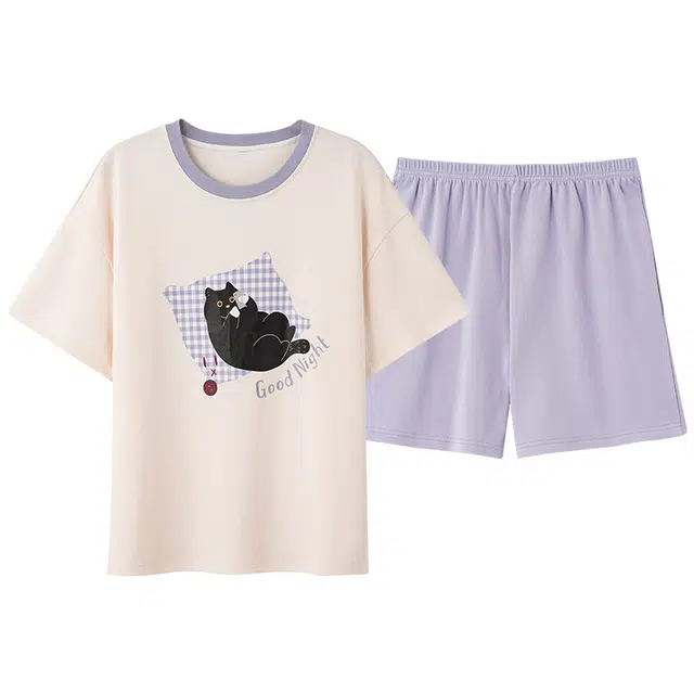 夏芬妍 简约休闲熬夜小猫舒适亲肤宽松短袖短裤时尚圆领可外穿家居服睡衣套装 女款 杏色