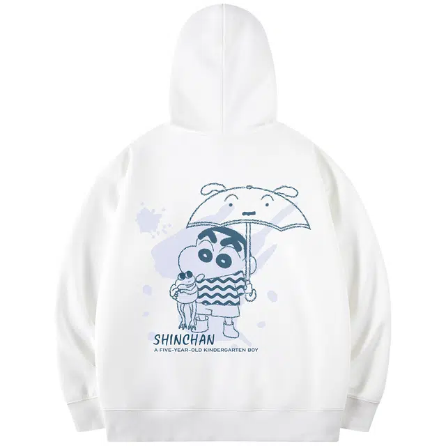 蜡笔小新 卡通撑伞小新泼墨字母印花休闲宽松套头连帽卫衣 男女同款