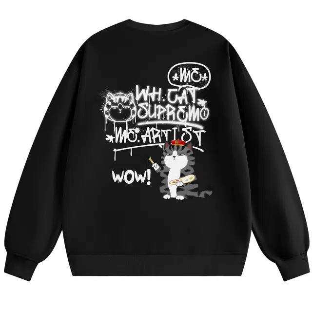 吾皇猫 学院风日系简约百搭英文字母卡通动漫印花圆领套头无性别穿搭休闲宽松重磅长袖卫衣 男女同款