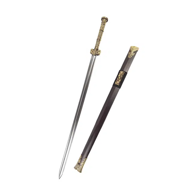 天字号 九幽汉剑 百炼花纹钢龙泉长刀剑铜装柄黑檀木鞘摆件未开刃 成品模型