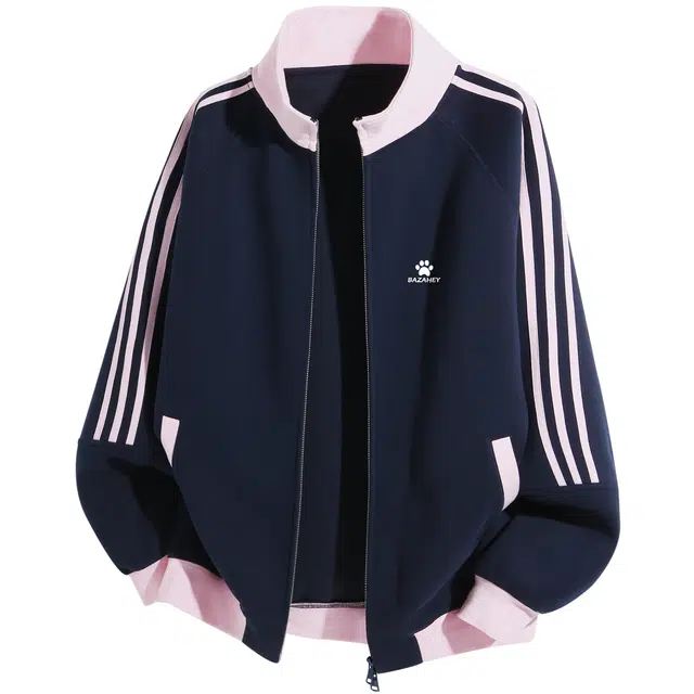 吾皇猫 美式复古学院风条纹字母图案无性别主义穿搭立领感插肩袖休闲宽松运动开衫长袖卫衣 男女同款