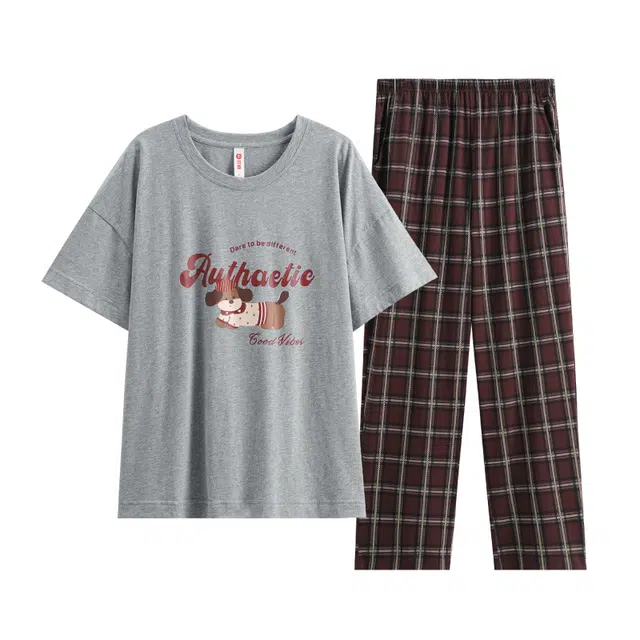 芬腾 短袖长裤休闲格子可外穿可爱家居服睡衣套装 女款 灰色