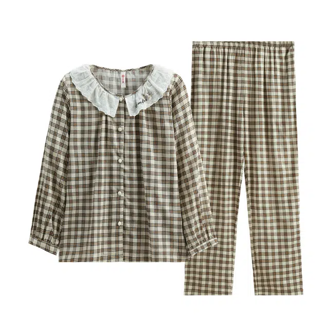 芬腾 开衫舒适休闲长袖长裤睡衣套装 女款 米黄格