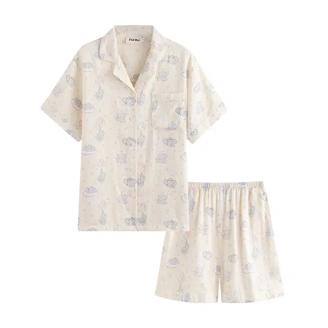 侘町 纯棉卡通透气亲肤舒适短袖三分裤睡衣套装 女款 图片色