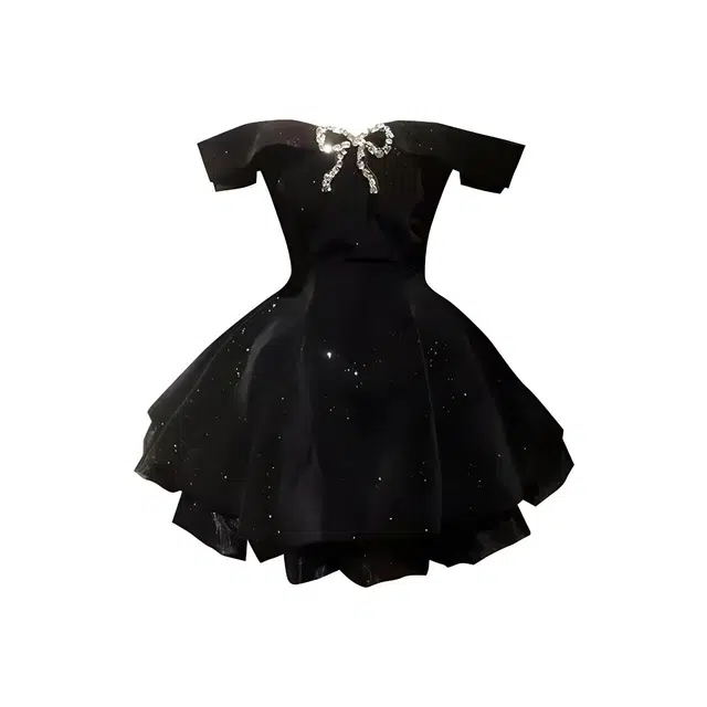 玉儿恋 法式高级感一字肩蝴蝶结气质富家千金风生日宴会丝绒纯色修身高腰蓬蓬裙礼服时尚短袖连衣裙 女款 经典黑色