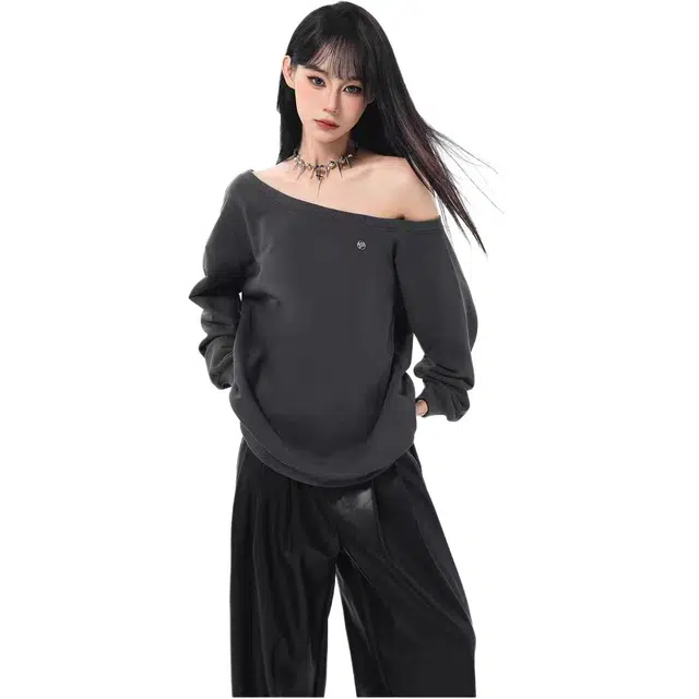 敲模女孩 美式斜肩露肩休闲百搭时尚长袖卫衣 女款 深灰色