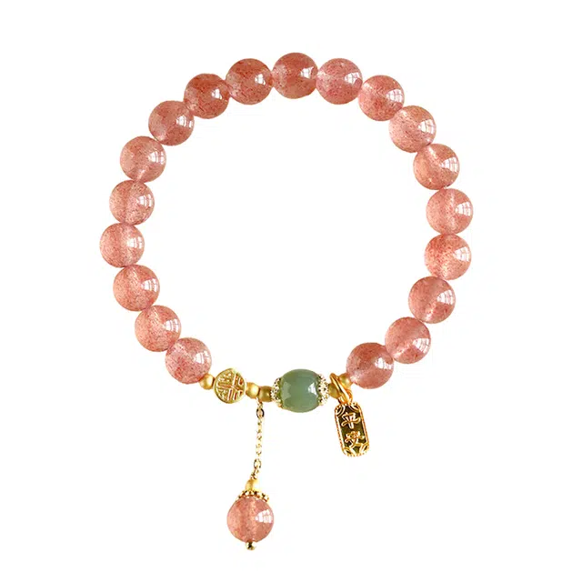 周百福 早日脱单招桃花 幸运桃花上上签 爱情美满叠戴 精致简约 甜蜜饰爱 时尚气质手饰#好运 草莓晶 水晶手串 男女同款情侣款