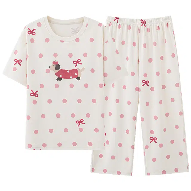 俞兆林 带胸垫可爱时尚波点圆领柔软短袖七分裤睡衣套装 女款 杏色