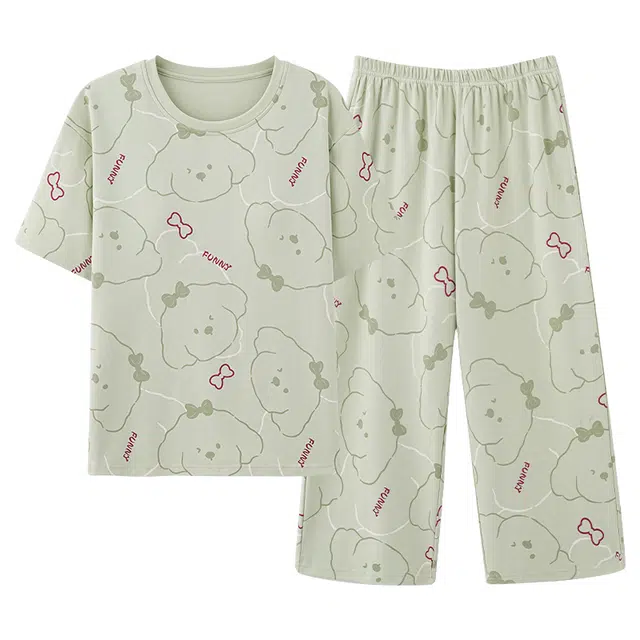 俞兆林 带胸垫简约小狗卡通圆领柔软亲肤纯棉短袖七分裤睡衣套装 女款 绿色