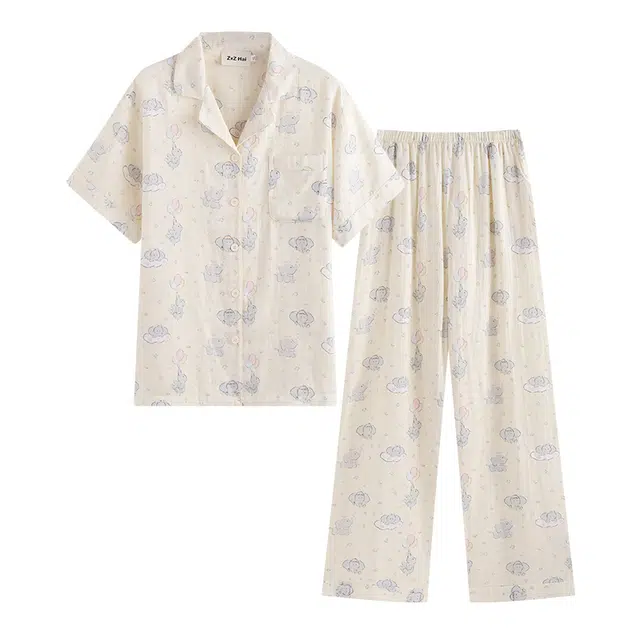 侘町 气球大象卡通短袖清新柔软透气亲肤纯棉睡衣套装 女款 图片色