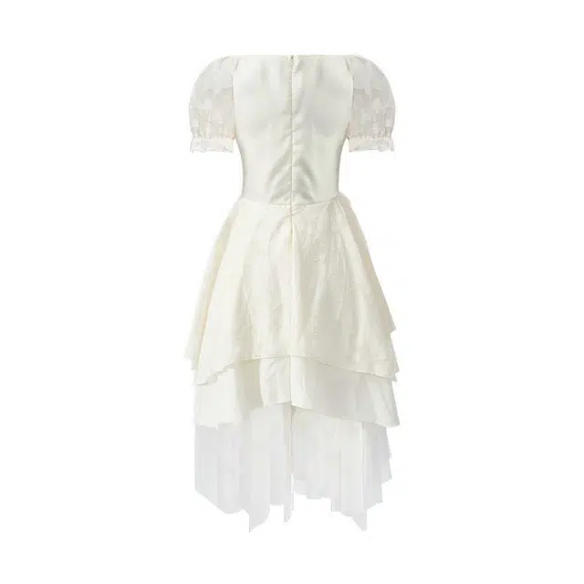 小菊川栗 方领法式名媛风收腰气质设计感公主蛋糕裙短袖连衣裙 女款 杏色