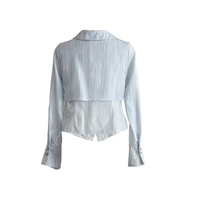 敲模女孩 法式慵懒风喇叭袖设计感捏褶收腰翻领长袖衬衫 女款 蓝色