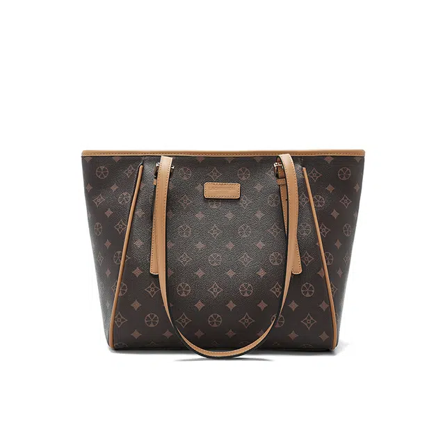 老人头 日常通勤经典复古大容量实用 合成革 托特包单肩包 女款 咖色/米白色