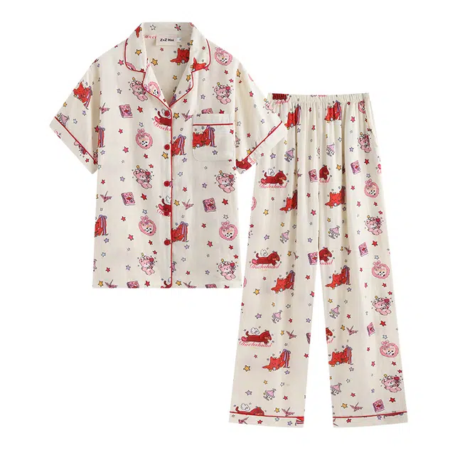 侘町 卡通甜美柔软透气亲肤短袖长裤睡衣套装 女款 图片色