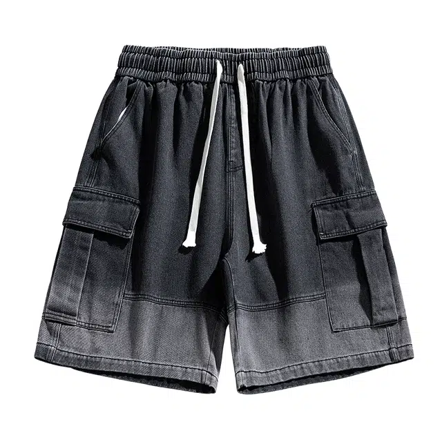 寻星记 美式复古工装做旧水洗宽松简约舒适废土风渐变大口袋设计无性别主义直筒五分中裤薄款潮牌休闲时尚百搭牛仔短裤 男女同款
