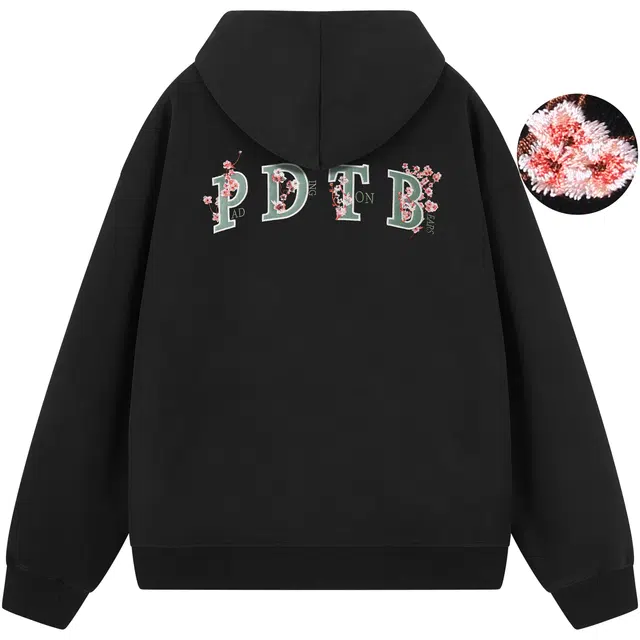 帕丁顿熊 简约美式字母樱花万针刺绣宽松连帽百搭休闲针织重磅开衫卫衣 男女同款