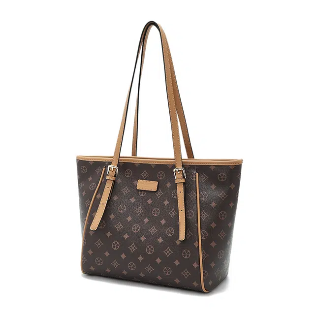 老人头 日常通勤经典复古大容量实用 合成革 托特包单肩包 女款 咖色/米白色