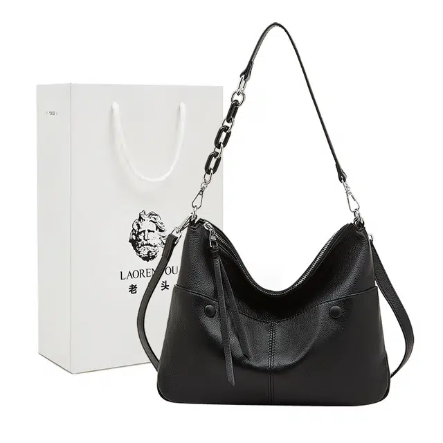 老人头 慵懒休闲简约时尚通勤 头层牛皮 单肩包 常规 女款 黑色/白色/杏色