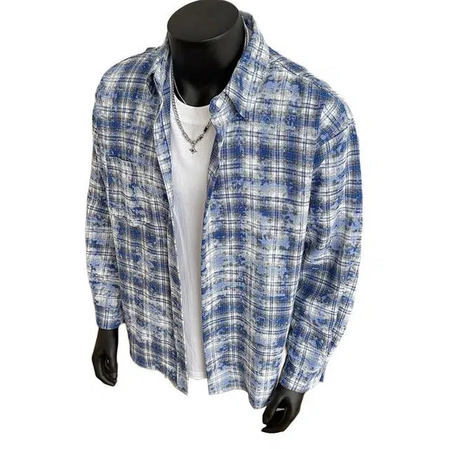 物质公式 美式高街复古扎染条纹格子设计感开衫外套宽松百搭慵懒风休闲简约痞帅高级落肩无性别穿搭长袖衬衫 男女同款