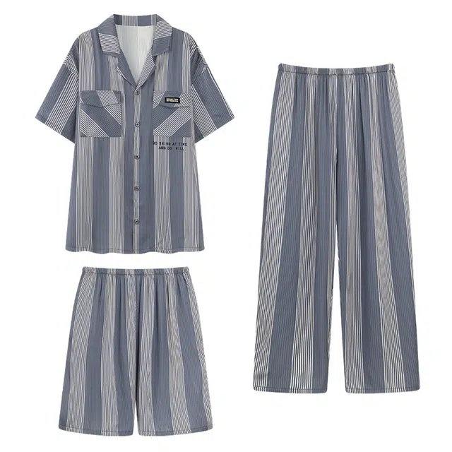 向薇 条纹凉感短袖开衫家居服简约睡衣套装 男款 图片色