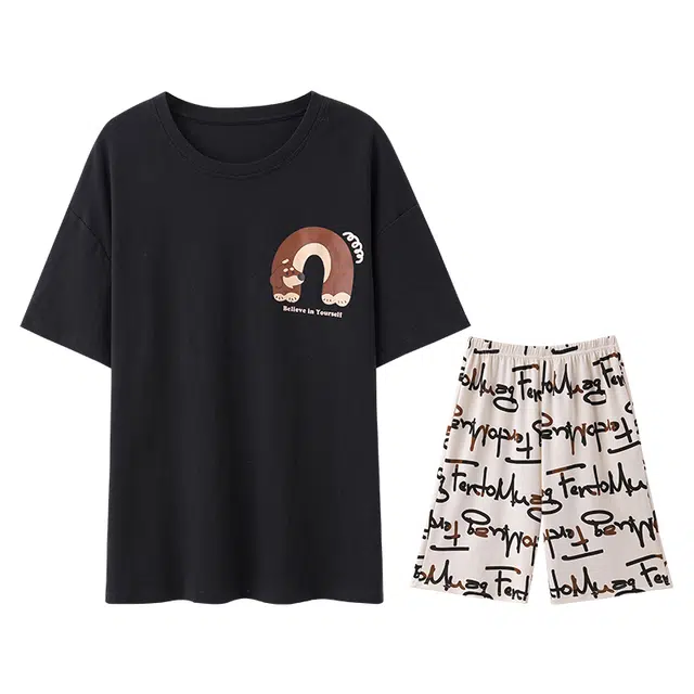 向薇 纯棉短袖青少年可外穿家居服睡衣套装 男款 图片色