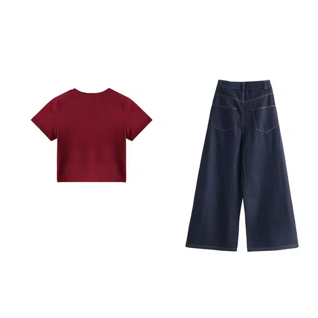 小菊川栗 舒适时尚短上衣宽松百搭简约长裤休闲套装 女款